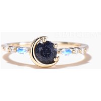 Round Cut Blue Sandstone Moon Engagement Ring Moonstone Celestial Ring — Engagement Rings
