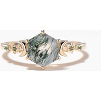 Hexagon Cut Natural Moss Agate Moon Engagement Ring Emerald Celestial Ring — Engagement Rings