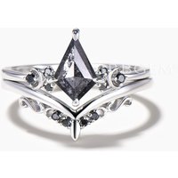 Kite Cut Salt and Pepper Diamond Moon Bridal Set Black Diamond Wedding Band