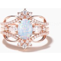 Oval Cut White Opal Engagement Ring Moissanite Ring Enhancer Bridal Set — Engagement Rings
