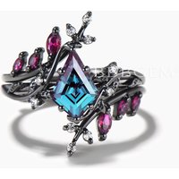 Kite Cut Color-change Alexandrite Ring Ruby Twig Band Enhancer Bridal Set — Stackable Rings