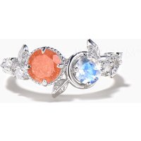 Toi et Moi Ring Round Cut Natural Sunstone Moonstone Leaf Engagement Ring