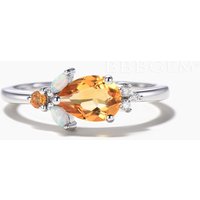 Teardrop Cut Natural Citrine Engagement Ring Opal Diamond Cluster Ring