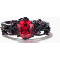 Ruby Black Gold Ring Set Cushion Cut Ruby Nature Inspired Engagement Ring