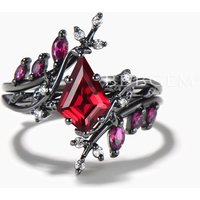 Kite Cut Ruby Leaf Engagement Ring Ruby Diamond Branch Gothic Bridal Set — Engagement Rings