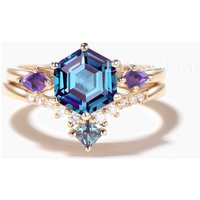 Hexagon Cut Color-change Alexandrite Bridal Set Amethyst Three Stone Ring — Stackable Rings