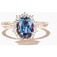 Oval Cut Color-change Alexandrite Engagement Ring Diamond Halo Twisted Ring