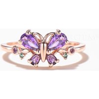 Mixed Cut Natural Amethyst Engagement Ring Butterfly Nature Inspired Ring