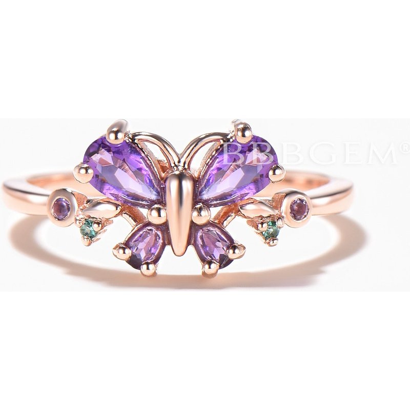 Mixed Cut Natural Amethyst Engagement Ring Butterfly Nature Inspired Ring — Engagement Rings