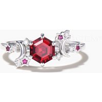 Hexagon Cut Ruby Engagement Ring Diamond Celestial Wedding Ring — Engagement Rings