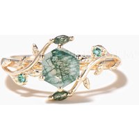 Hexagon Cut Natural Moss Agate Engagement Ring Green Agate Twisted Ring — Engagement Rings
