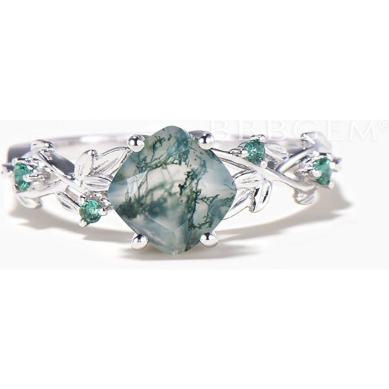 Cushion Cut Natural Moss Agate Engagement Ring Emerald Leaf Twisted Ring — Engagement Rings
