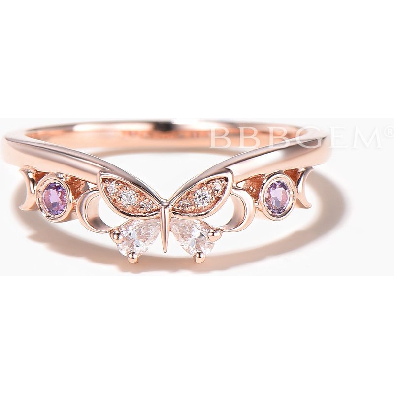 Bague de mariage papillon en moissanite taillé mixte avec bande en améthyste — Bijoux de mariage