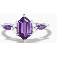 Long Hexagon Cut Natural Amethyst Engagement Ring Diamond Cluster Ring