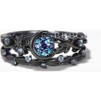 Nature Inspired Round Cut Color-change Alexandrite Moon Wedding Bridal Set