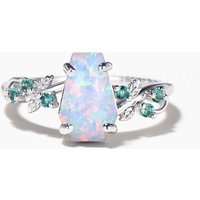 Nature Inspired Ring Coffin Cut White Opal Emerald Leaf Engagement Ring — Engagement Rings