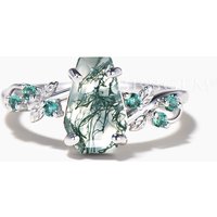 Nature Inspired Ring Coffin Cut Natural Moss Agate Emerald Engagement Ring