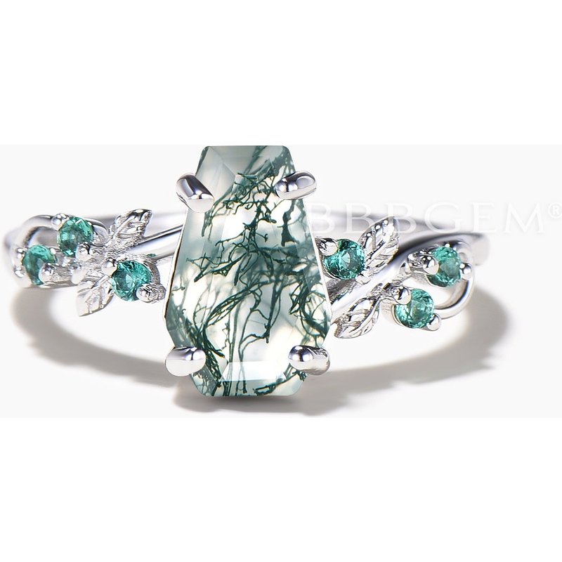 Nature Inspired Ring Coffin Cut Natural Moss Agate Emerald Engagement Ring — Engagement Rings