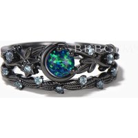 Round Black Opal Moon Wedding Ring Alexandrite Black Gold Twisted Ring Set — Wedding Jewelry