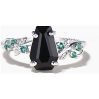 Coffin Cut Natural Black Onyx Engagement Ring Emerald Nature Inspired Ring