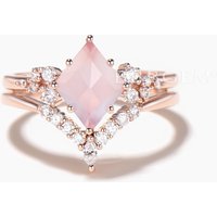 Rhomboid Kite Cut Natural Rose Quartz Engagement Ring Diamond Bridal Set