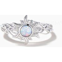 Round Cut White Opal Sun Engagement Ring Bezel Setting Nature Inspired Ring