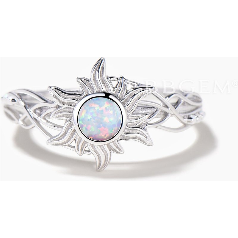 Round Cut White Opal Sun Engagement Ring Bezel Setting Nature Inspired Ring — Engagement Rings
