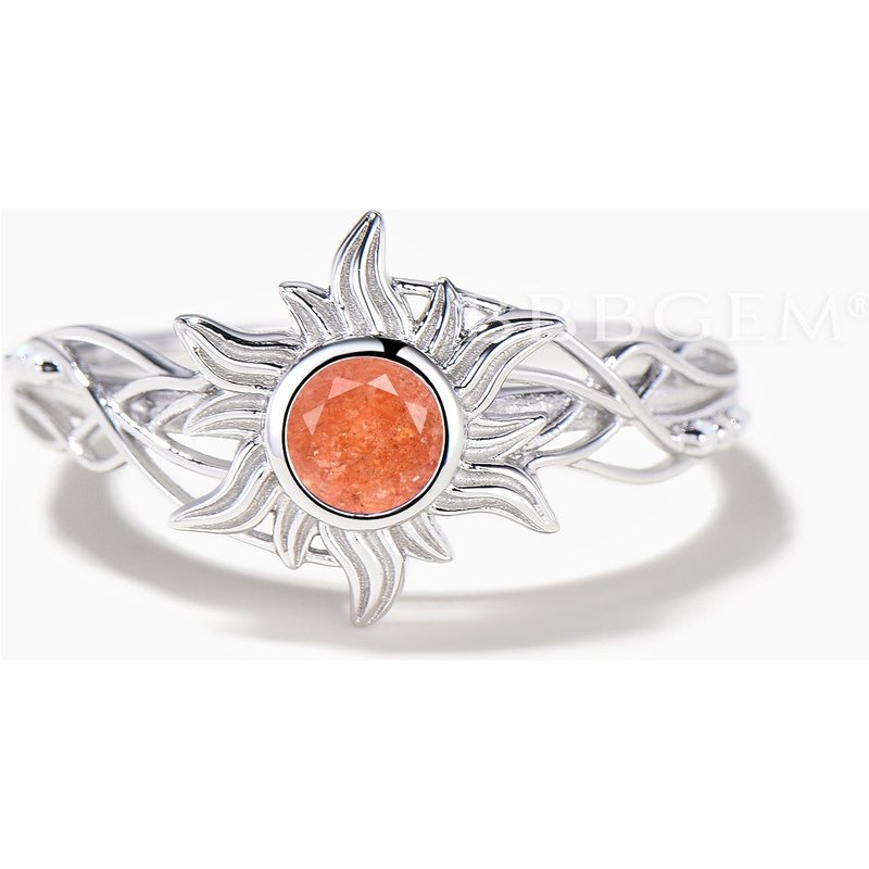 Round Cut Natural Sunstone Engagement Ring Opal Sun Bezel Settings Ring — Engagement Rings