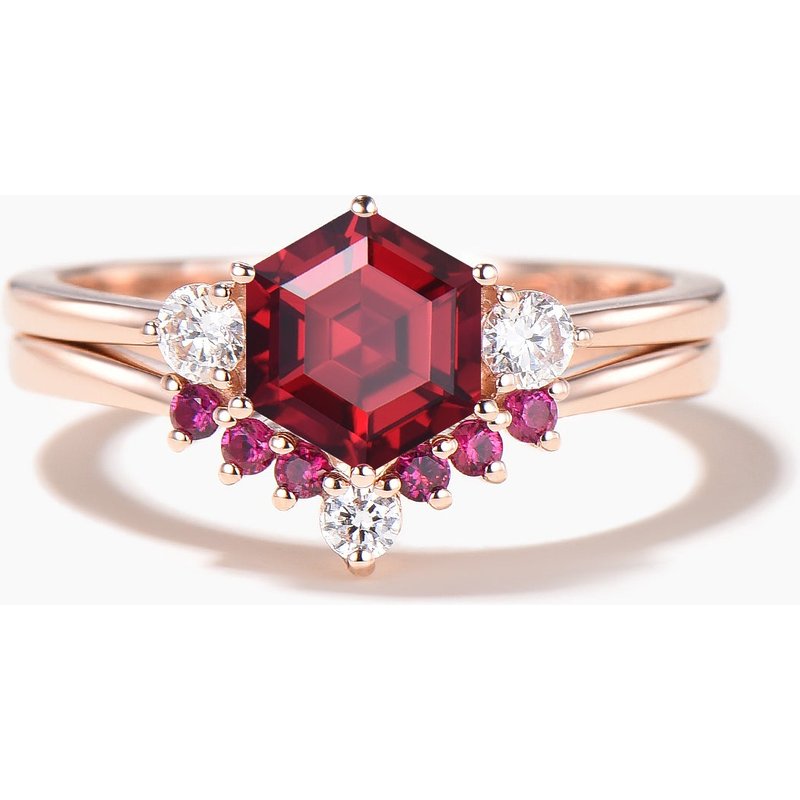 Hexagon Cut Red Ruby Three Stone Engagement Ring Moissanite Bridal Set