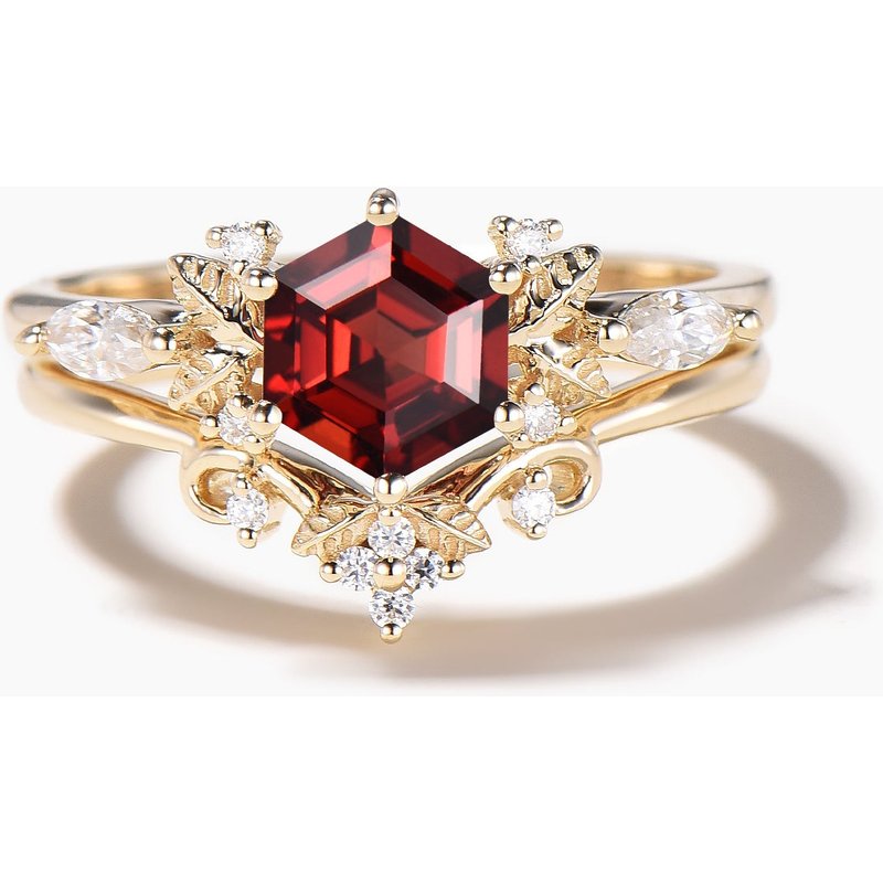 Hexagon Cut Garnet Leaf Engagement Ring Diamond Nature Inspired Bridal Set — Engagement Rings