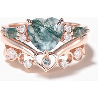 Heart Cut Natural Moss Agate Cluster Engagement Ring Diamond Bridal Set