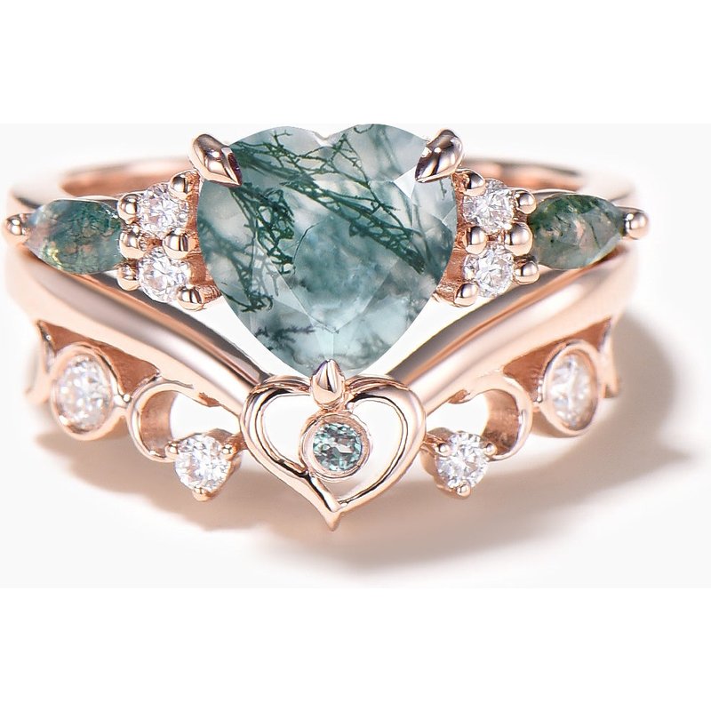 Heart Cut Natural Moss Agate Cluster Engagement Ring Diamond Bridal Set — Engagement Rings