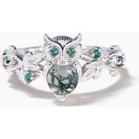 Round Cut Moss Agate Owl Engagement Ring Emerald Leaf Nature Inspired Ring