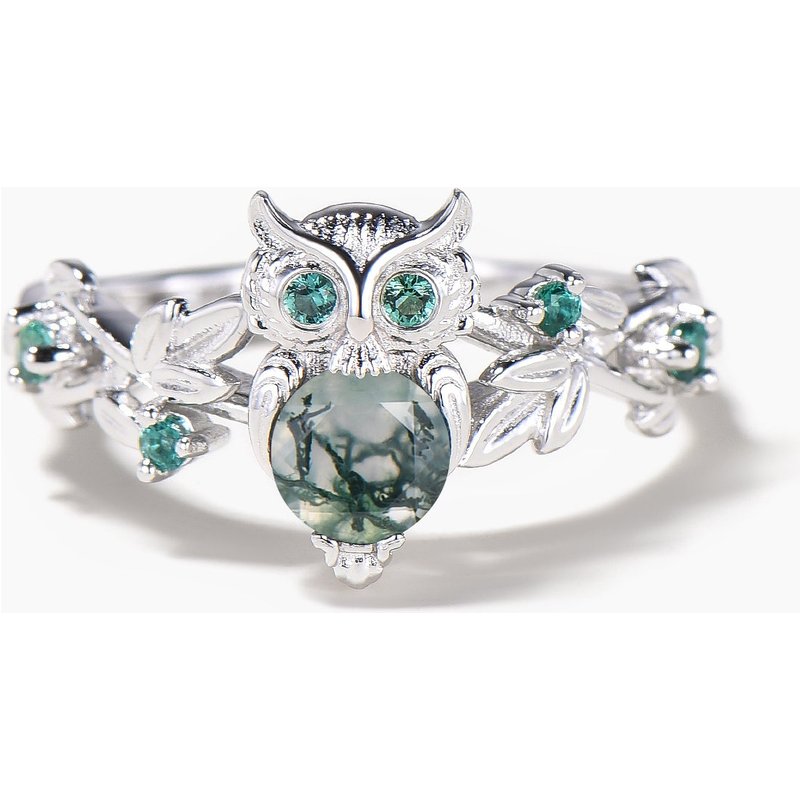 Round Cut Moss Agate Owl Engagement Ring Emerald Leaf Nature Inspired Ring — Engagement Rings