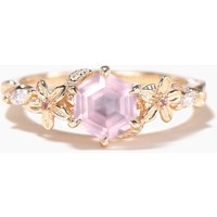 1ct Hexagon Cut Natural Rose Quartz Diamond Flower Nature Inspired Engagement Ring