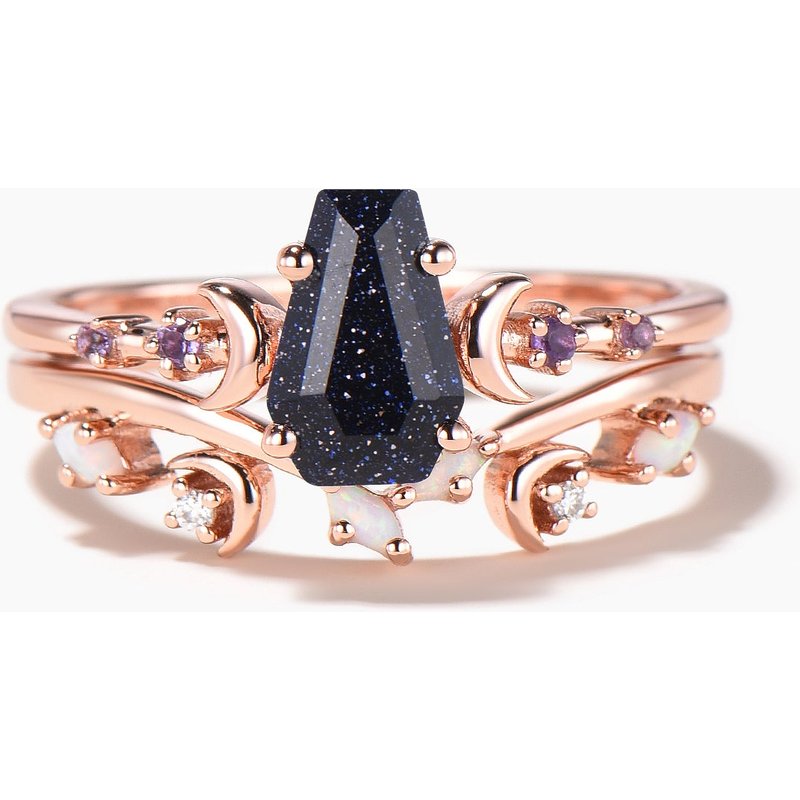 Coffin Cut Blue Sandstone Engagement Ring Amethyst Opal Moon Bridal Set — Engagement Rings
