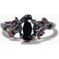 1.5ct Oval Cut Natural Black Onyx Black Gold Wedding Ring Ruby Leaf Nature Inspired Ring — Wedding Jewelry