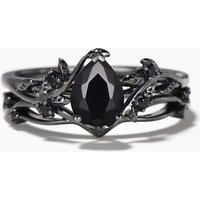 1.25ct Pear Cut Natural Black Onyx Nature Inspired Bridal Set Black Gold Leaf Wedding Ring