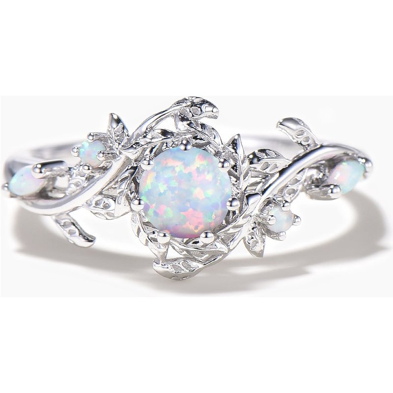 Round Cut White Opal Leaf Engagement Ring White Gold Nature Inspired Ring — Engagement Rings