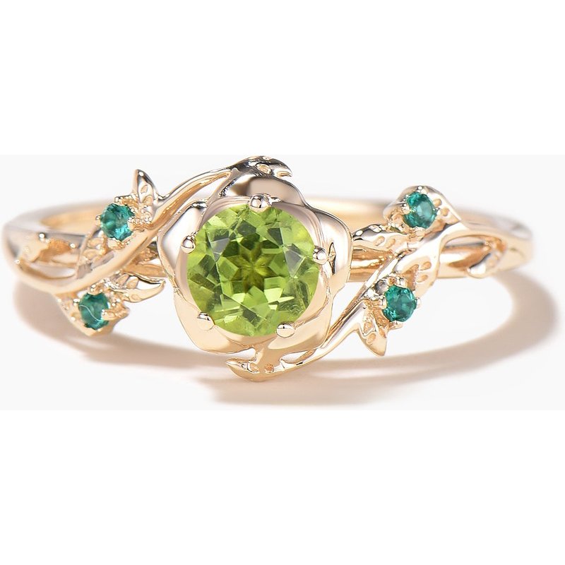 Round Cut Peridot Floral Engagement Ring Emerald Leaf Nature Inspired Ring — Engagement Rings