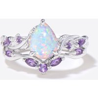 Bague de fiançailles en opale blanche en forme de goutte avec accents d'améthyste