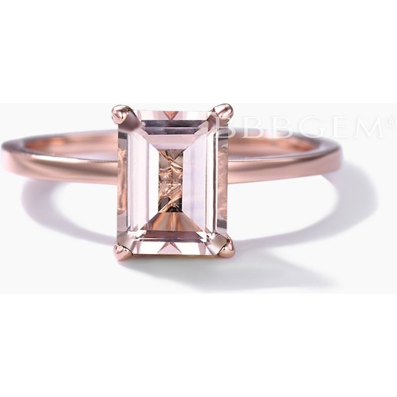 Solitaire 6x8mm Emerald Cut Morganite Engagement Ring Diamond Hidden Halo — Engagement Rings