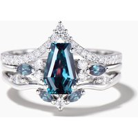 3pcs Coffin Cut Color-Change Alexandrite Diamond Bridal Ring Set — Stackable Rings
