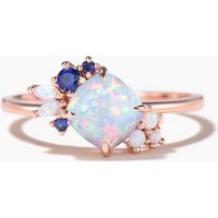 Cushion Cut White Opal Engagement Ring Cluster Blue Sapphire Wedding Ring — Engagement Rings