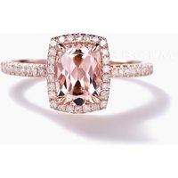Cushion Halo 5x7mm Morganite and Diamond Bridal Ring Petite Thin Design