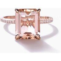 Bague de fiançailles en morganite taille émeraude 8x10mm et diamants