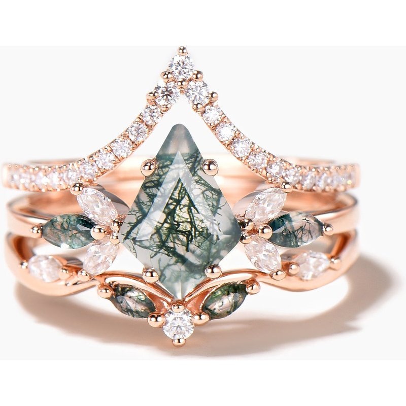3PC Kite Cut Natural Moss Agate Engagement Ring Diamond Wedding Bridal Set — Engagement Rings