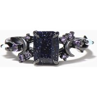 2ct Emerald Cut Blue Sandstone Moon Vine Ring Amethyst Opal Black Gold Wedding Ring