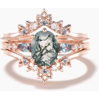Oval Cut Natural Moss Agate Bridal Ring Alexandrite Diamond Enhancer Band — Stackable Rings