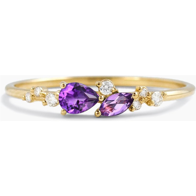Pear Cut Natural Amethyst Ring Diamond Cluster Mixed Cut Yellow Gold Ring — Stackable Rings